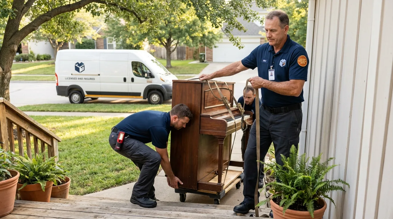Licensed piano movers securing grand piano in Buchanan, MI