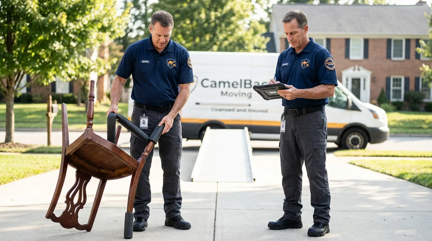 Movers inspecting furniture for damage prevention before loading in Buchanan, MI
