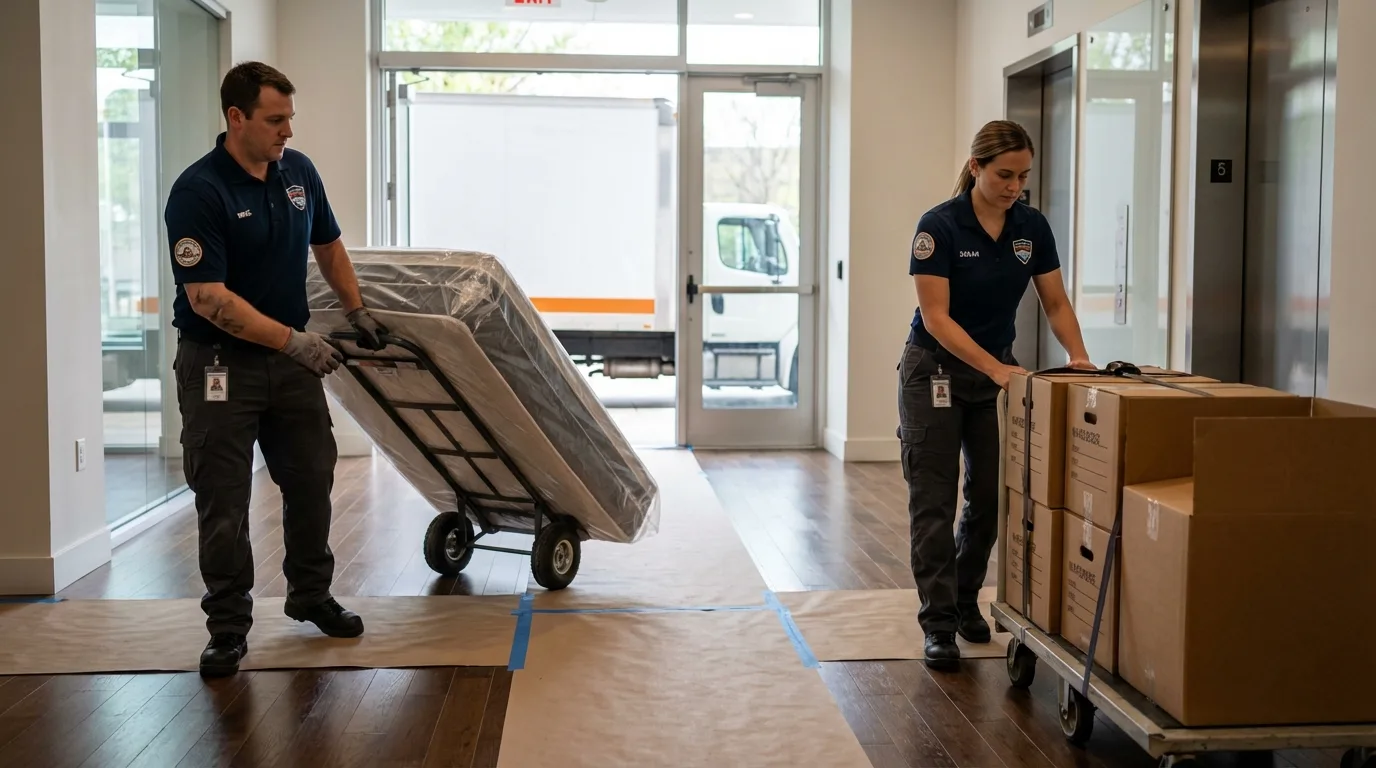 Professional apartment movers loading elevator in Buchanan, MI